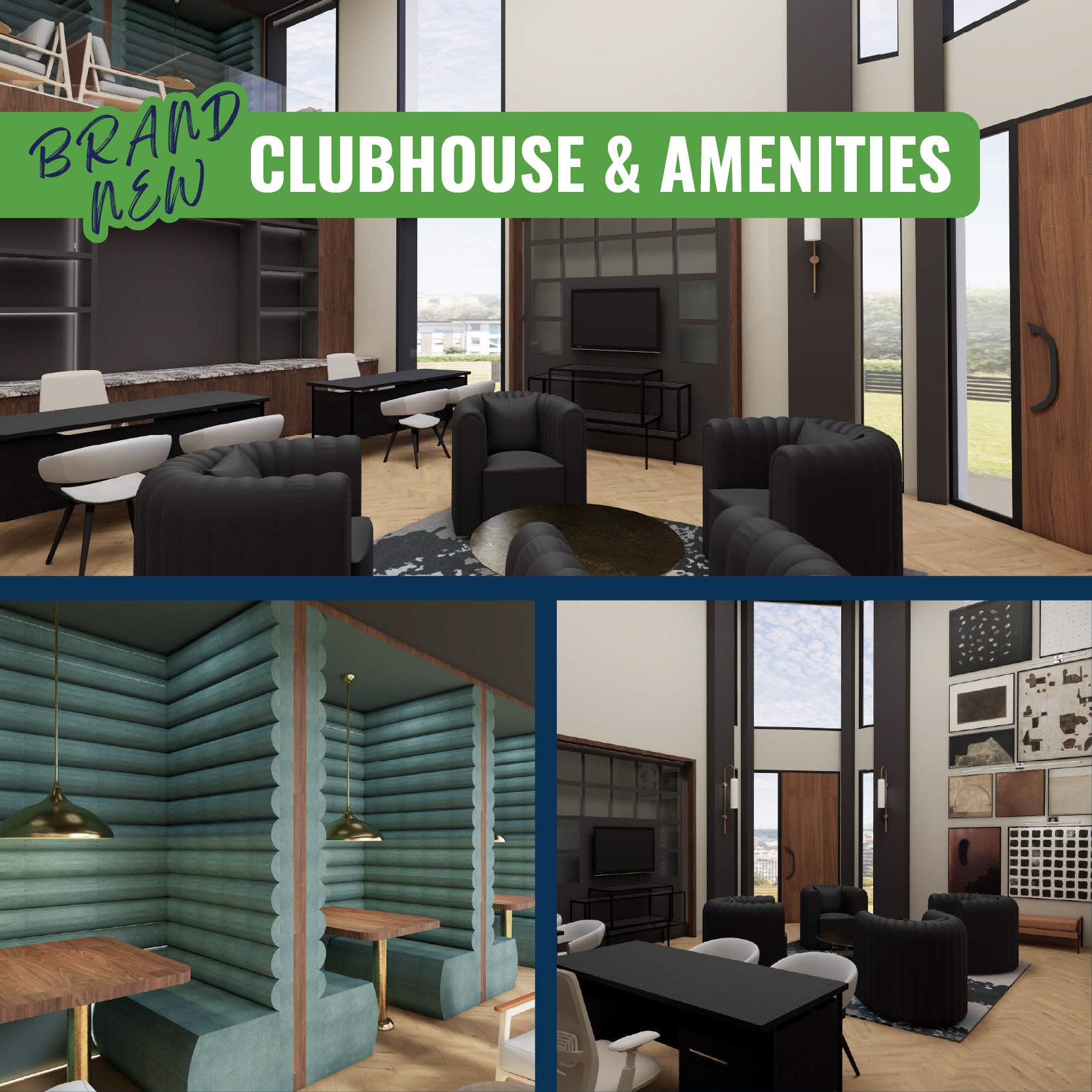 SEVERAL IMAGES OF A NEWLY RENOVATED RESIDENT ACTIVITY CENTER DISPLAYING THE NEW FINISHES AND AMENITIES NOW AVAILABLE TO RESIDENTS